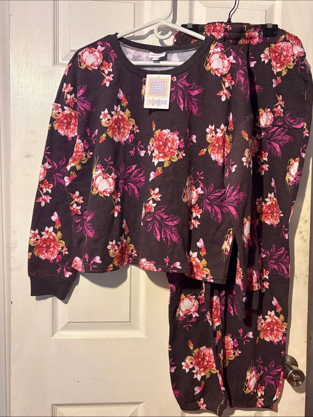 LuLaRoe Women's Floral Sweatshirt & Jogger Set - Black/Purple with Pink & Coral